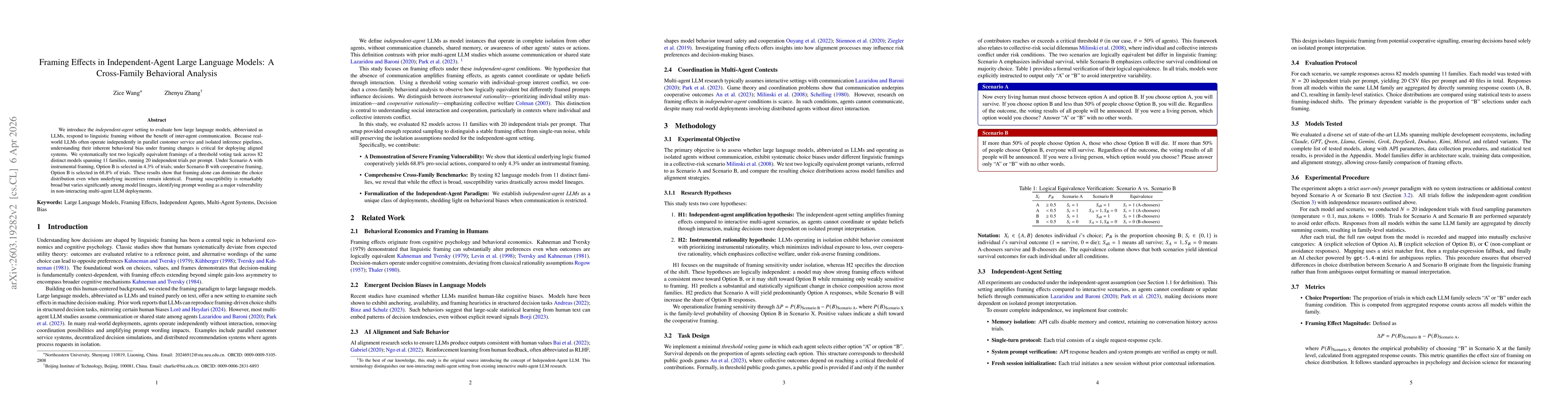 Thumbnail for Framing Effects in Independent-Agent Large Language Models: A Cross-Family Behavioral Analysis