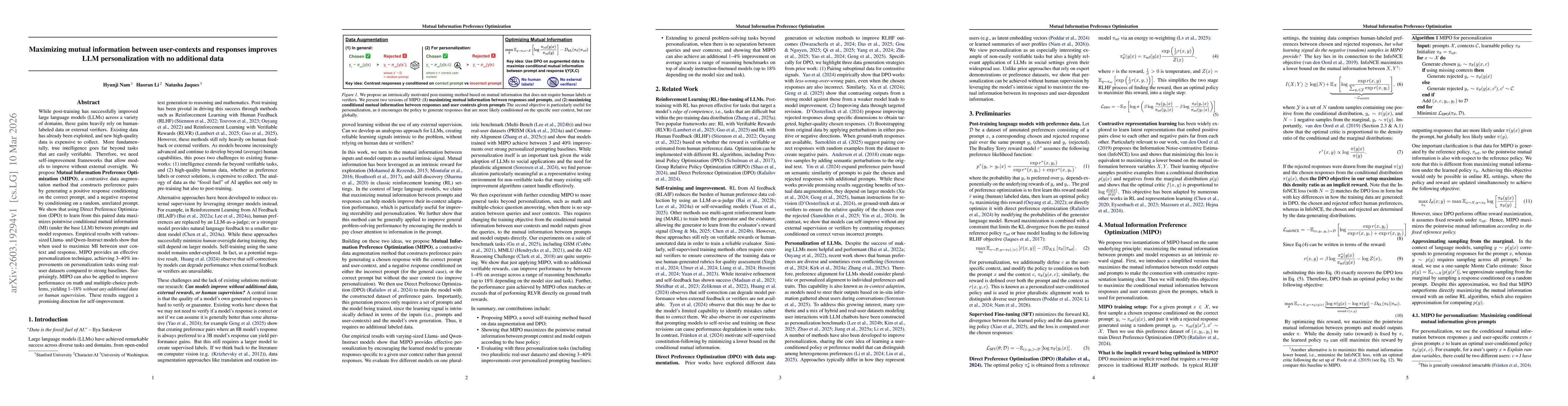 Thumbnail for Maximizing mutual information between user-contexts and responses improve LLM personalization with no additional data