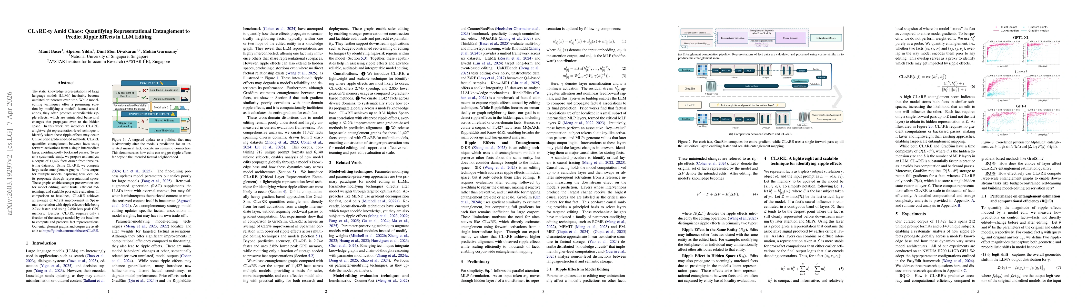 Thumbnail for CLaRE-ty Amid Chaos: Quantifying Representational Entanglement to Predict Ripple Effects in LLM Editing
