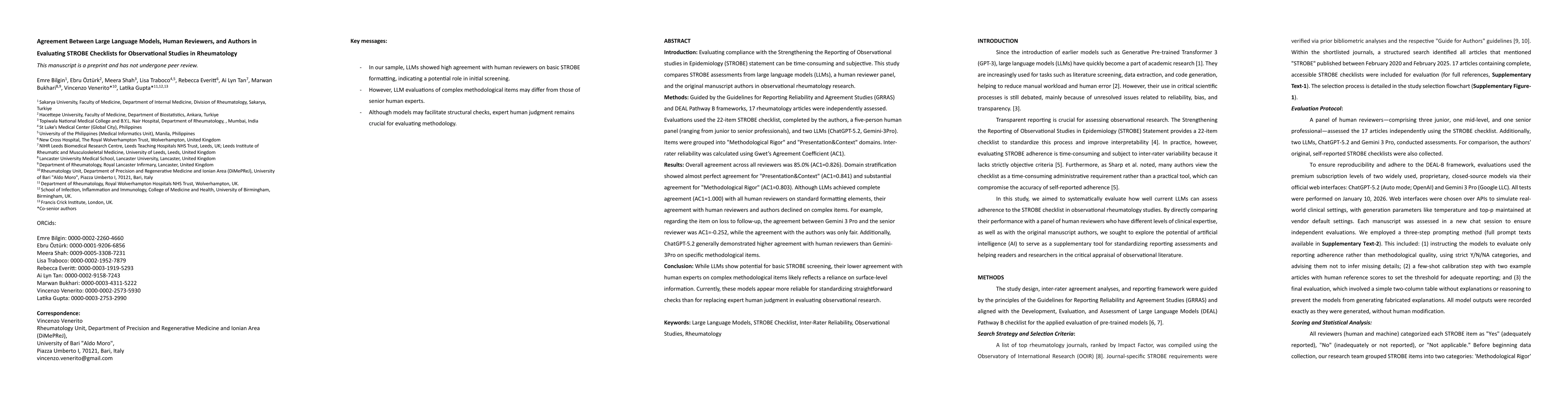 Thumbnail for Agreement Between Large Language Models, Human Reviewers, and Authors in Evaluating STROBE Checklists for Observational Studies in Rheumatology