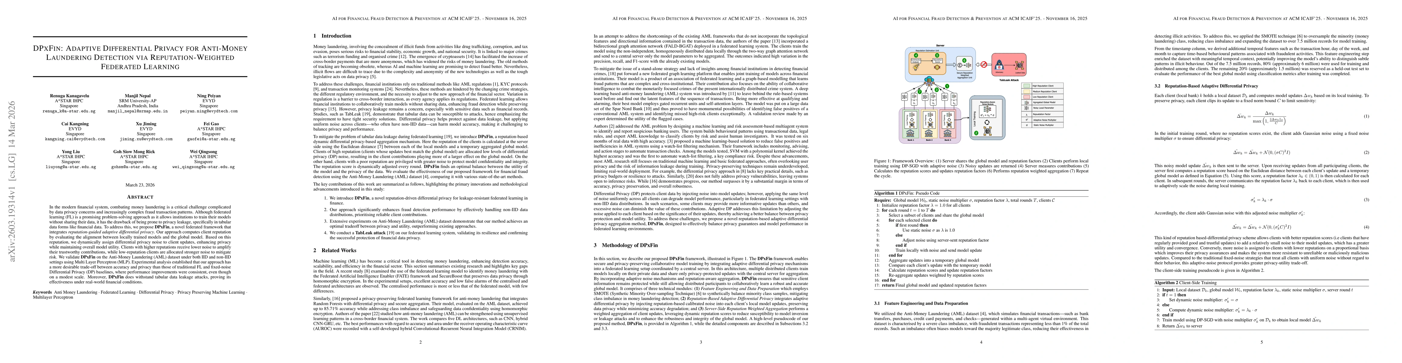 Thumbnail for DPxFin: Adaptive Differential Privacy for Anti-Money Laundering Detection via Reputation-Weighted Federated Learning