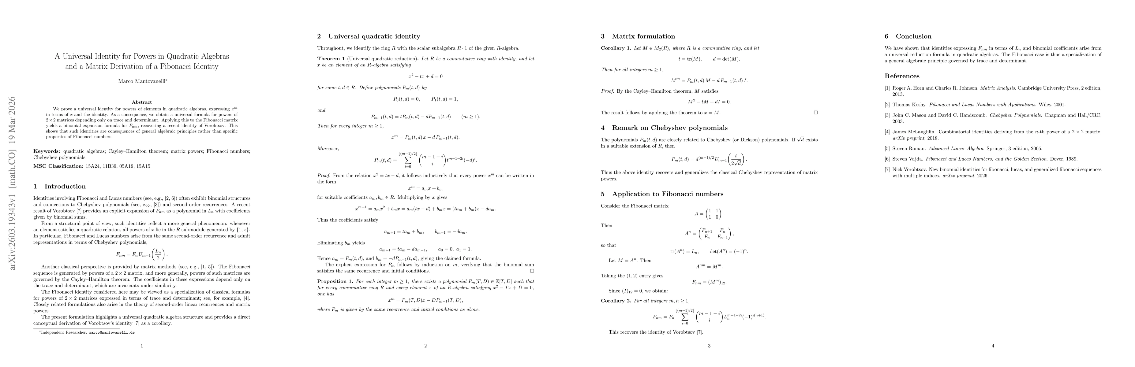 Thumbnail for A Universal Identity for Powers in Quadratic Algebras and a Matrix Derivation of a Fibonacci Identity