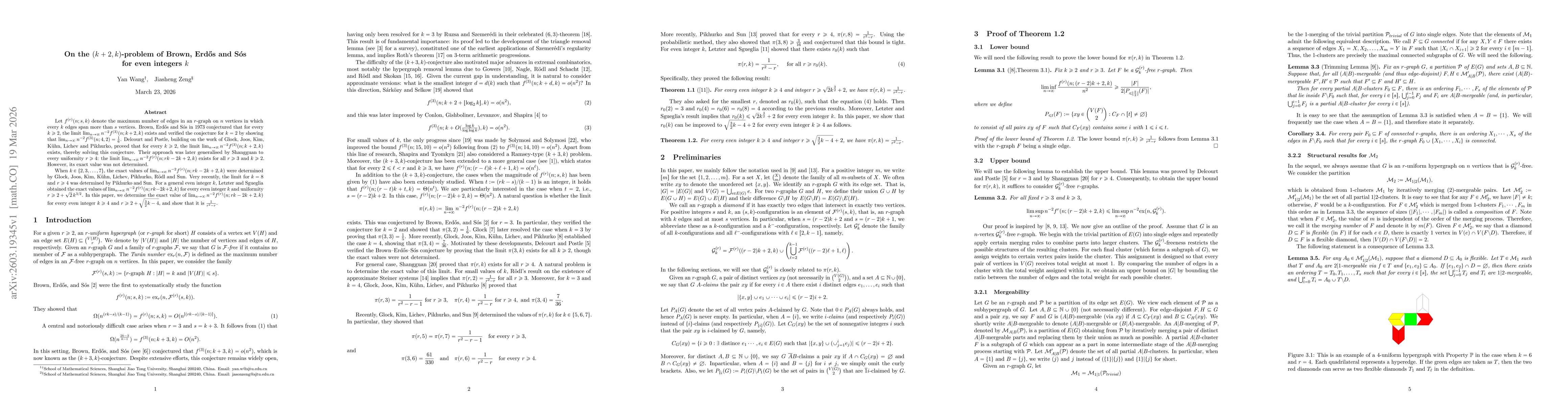 Thumbnail for On the $(k+2,k)$-problem of Brown, Erdős and Sós for even integers $k$