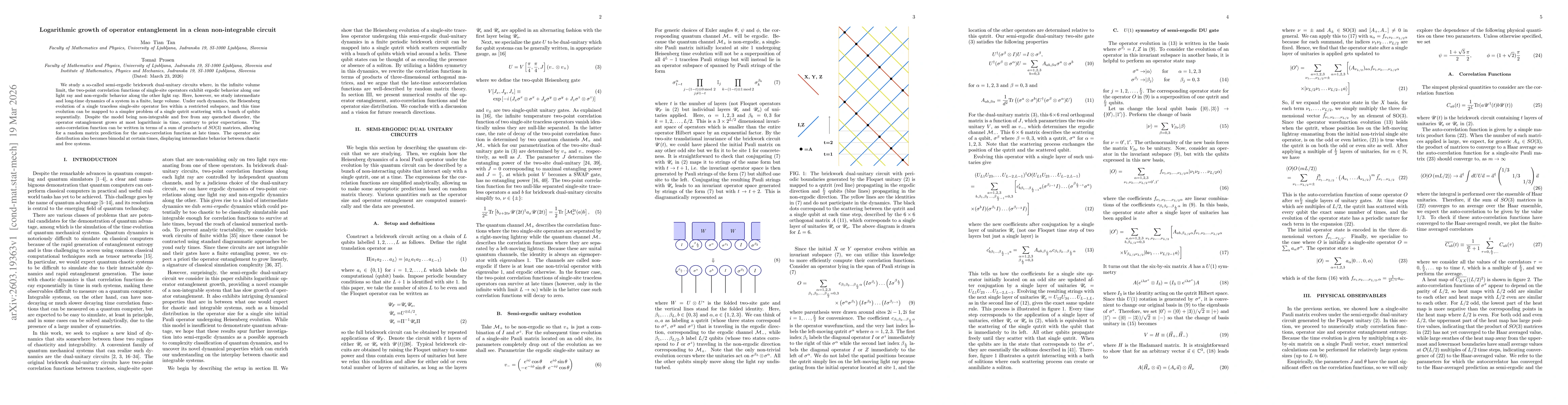 Thumbnail for Logarithmic growth of operator entanglement in a clean non-integrable circuit