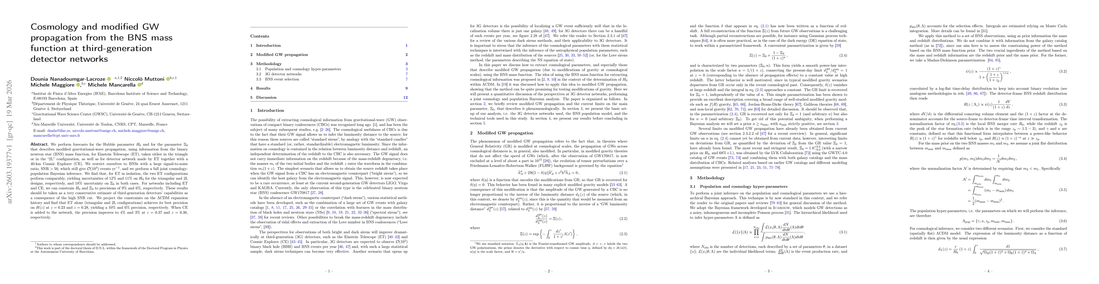Thumbnail for Cosmology and modified GW propagation from the BNS mass function at third-generation detector networks
