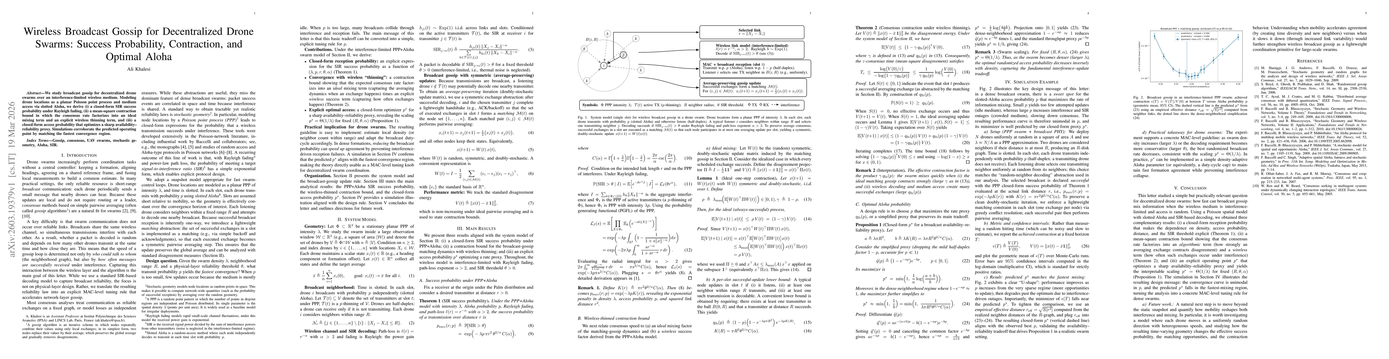 Thumbnail for Wireless Broadcast Gossip for Decentralized Drone Swarms: Success Probability, Contraction, and Optimal Aloha