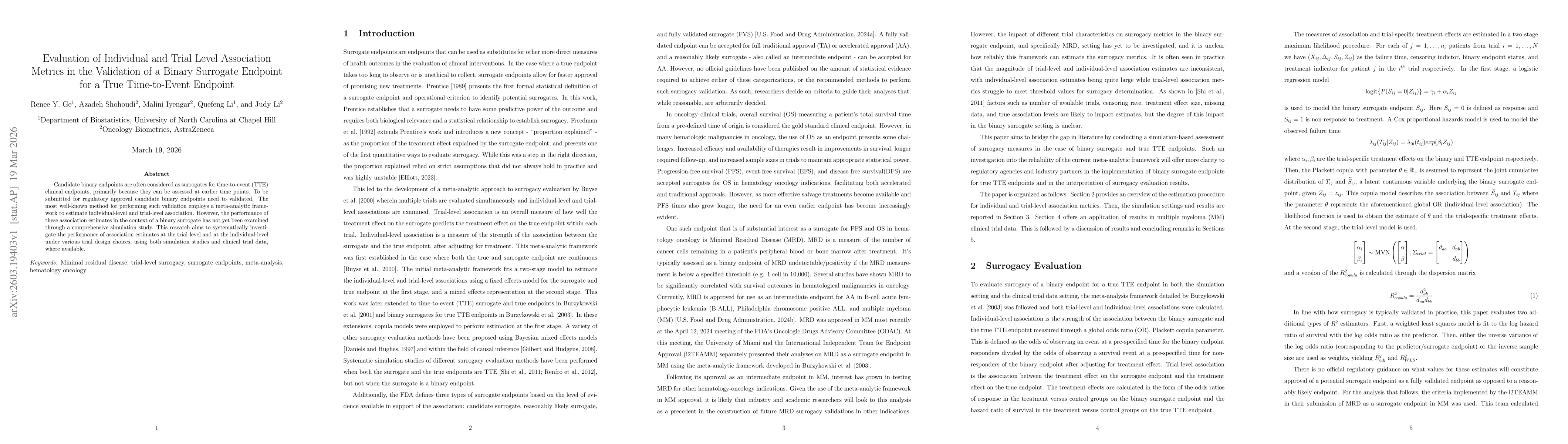 Thumbnail for Evaluation of Individual and Trial Level Association Metrics in the Validation of a Binary Surrogate Endpoint for a True Time-to-Event Endpoint