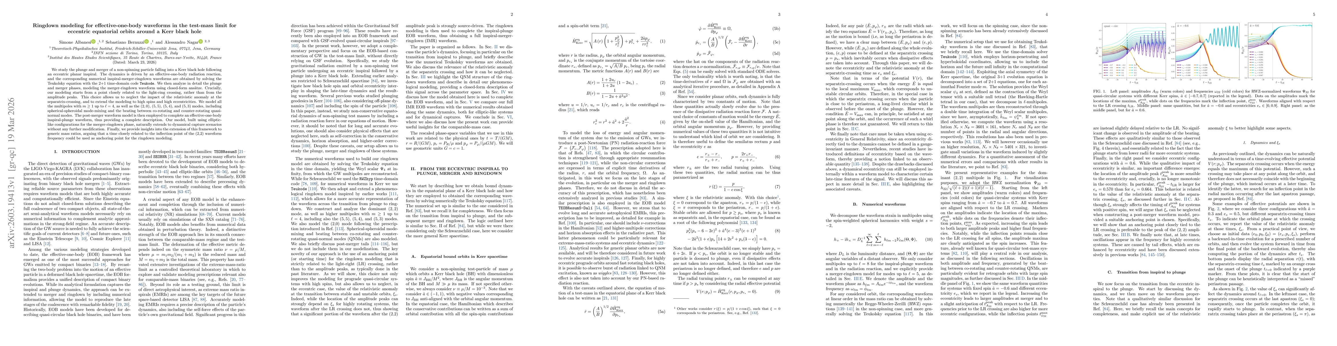 Thumbnail for Ringdown modeling for effective-one-body waveforms in the test-mass limit for eccentric equatorial orbits around a Kerr black hole