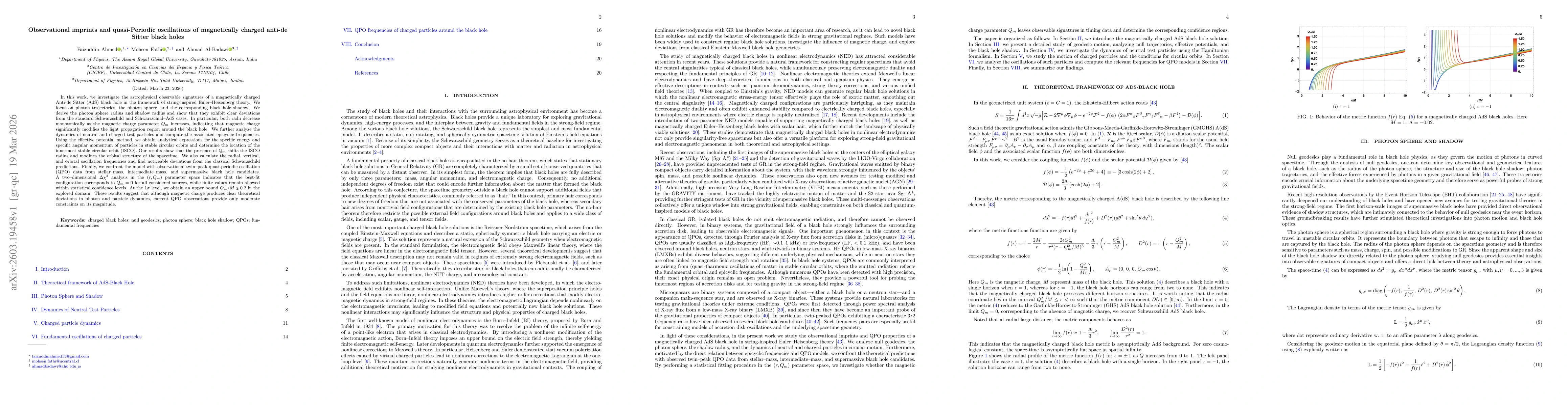 Thumbnail for Observational imprints and quasi-Periodic oscillations of magnetically charged anti-de Sitter black holes