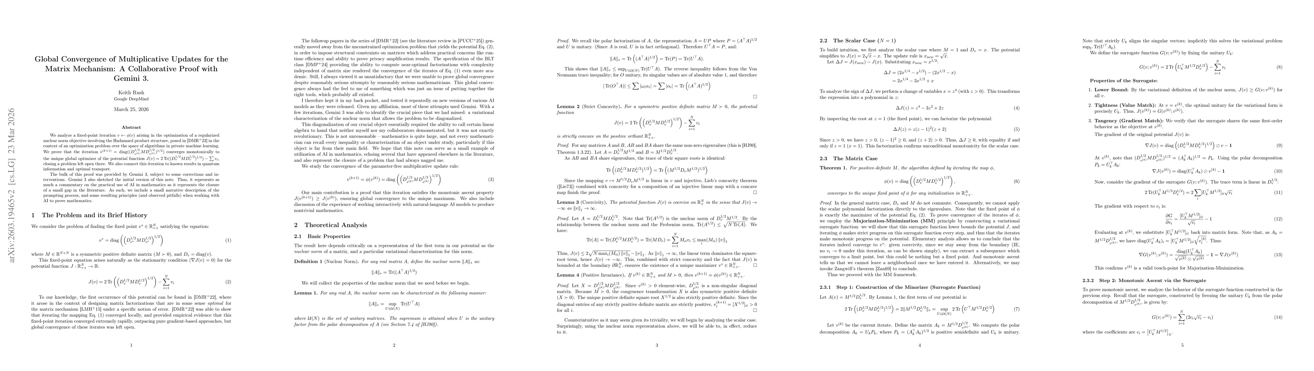 Thumbnail for Global Convergence of Multiplicative Updates for the Matrix Mechanism: A Collaborative Proof with Gemini 3