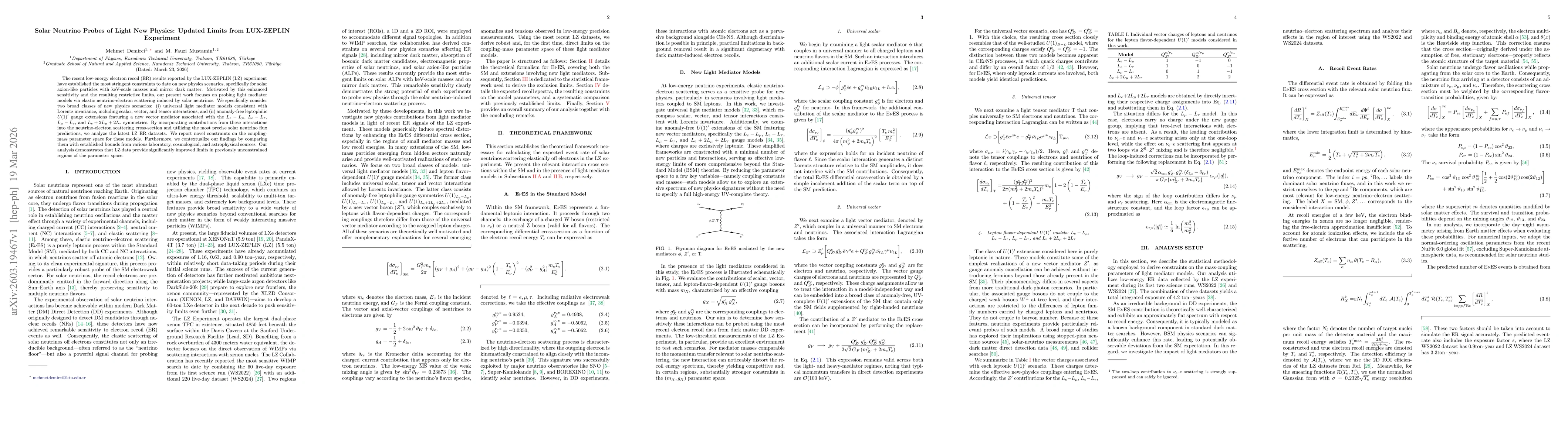 Thumbnail for Solar Neutrino Probes of Light New Physics: Updated Limits from LUX-ZEPLIN Experiment