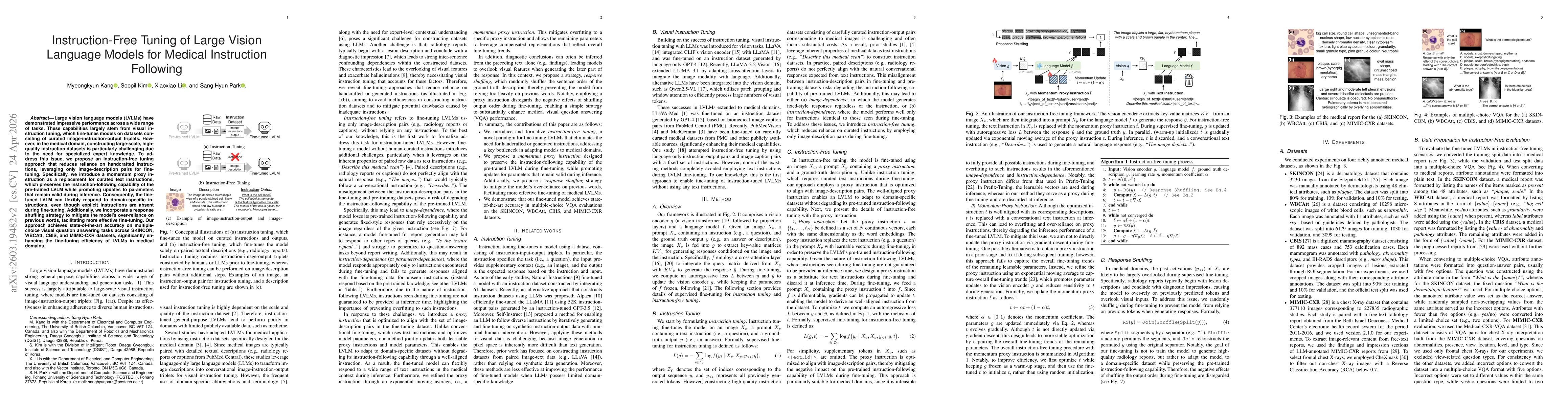 Thumbnail for Instruction-Free Tuning of Large Vision Language Models for Medical Instruction Following