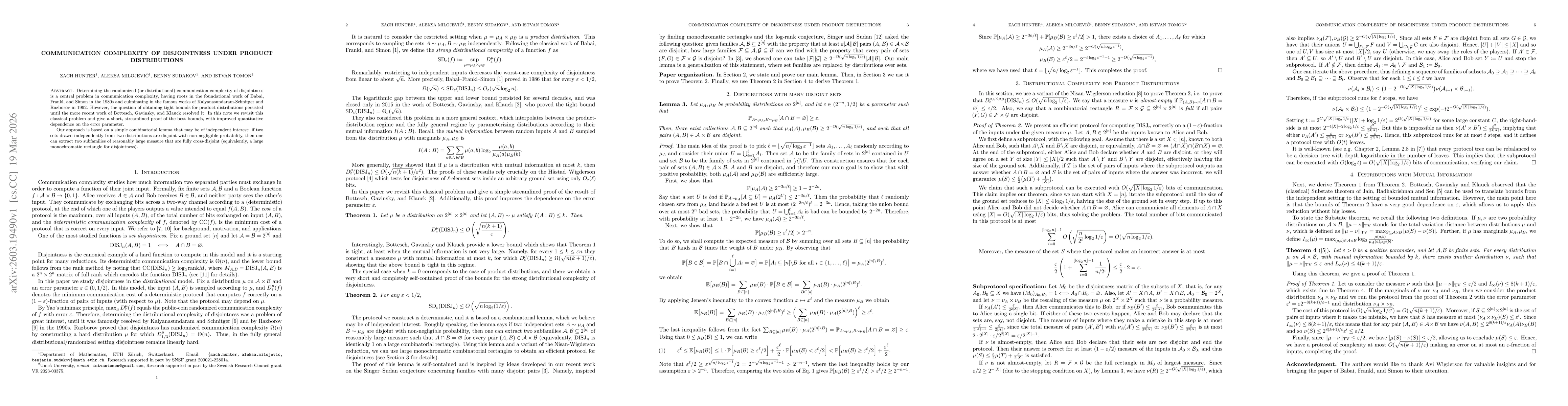 Thumbnail for Communication Complexity of Disjointness under Product Distributions
