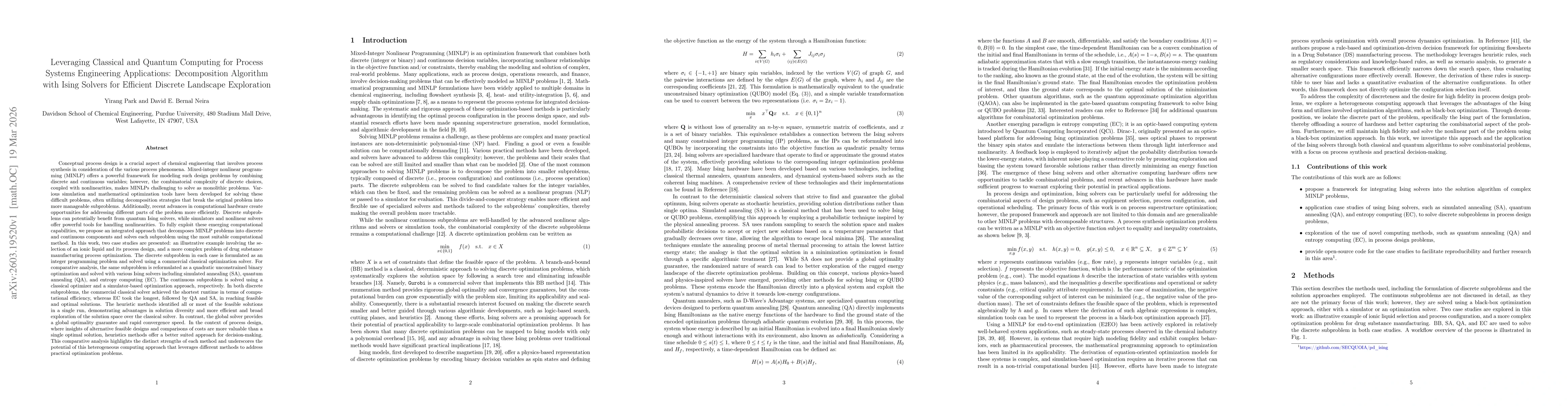 Thumbnail for Leveraging Classical and Quantum Computing for Process Systems Engineering Applications: Decomposition Algorithm with Ising Solvers for Efficient Discrete Landscape Exploration