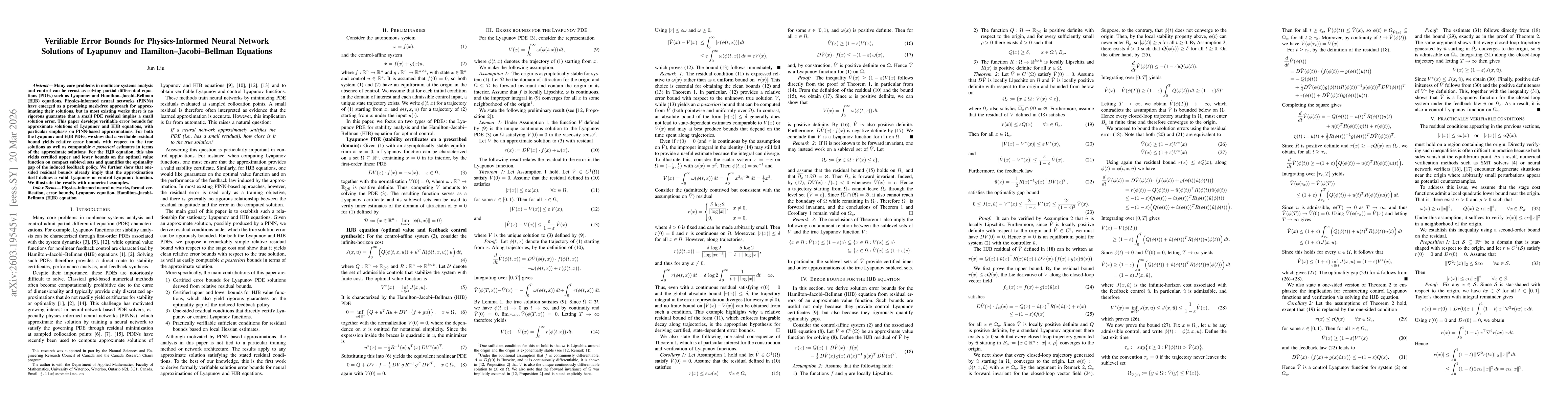 Thumbnail for Verifiable Error Bounds for Physics-Informed Neural Network Solutions of Lyapunov and Hamilton-Jacobi-Bellman Equations