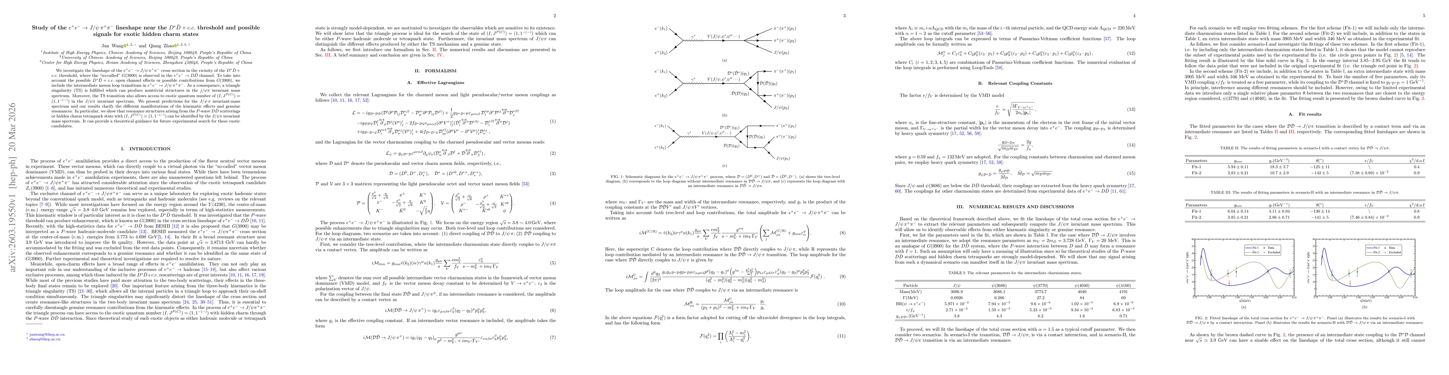 Thumbnail for Study of the $e^{+}e^{-}\to J/ψ\,π^{+}π^{-}$ lineshape near the $D^{*}\bar{D}+c.c.$ threshold and possible signals for exotic hidden charm states