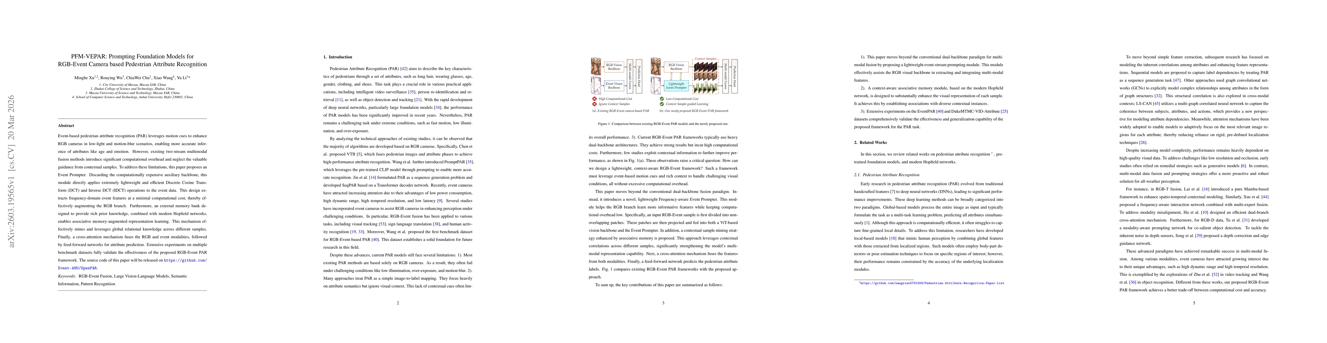 Thumbnail for PFM-VEPAR: Prompting Foundation Models for RGB-Event Camera based Pedestrian Attribute Recognition