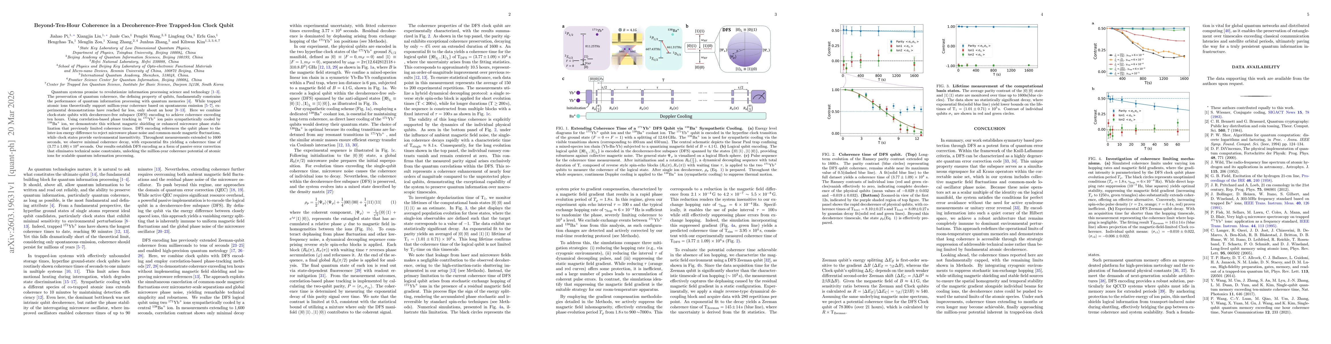Thumbnail for Beyond-Ten-Hour Coherence in a Decoherence-Free Trapped-Ion Clock Qubit
