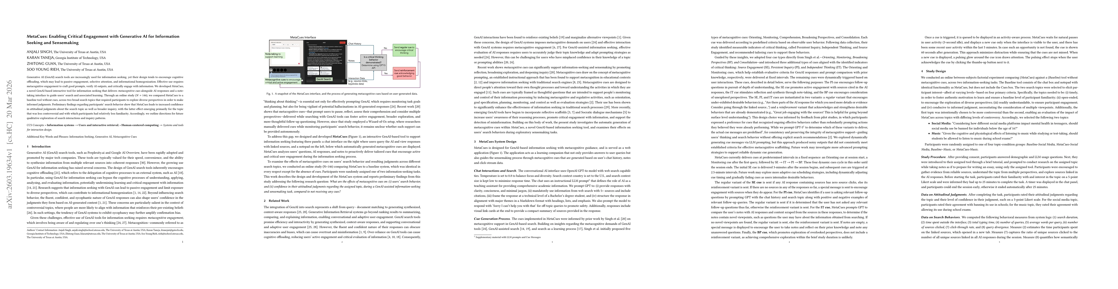 Thumbnail for MetaCues: Enabling Critical Engagement with Generative AI for Information Seeking and Sensemaking