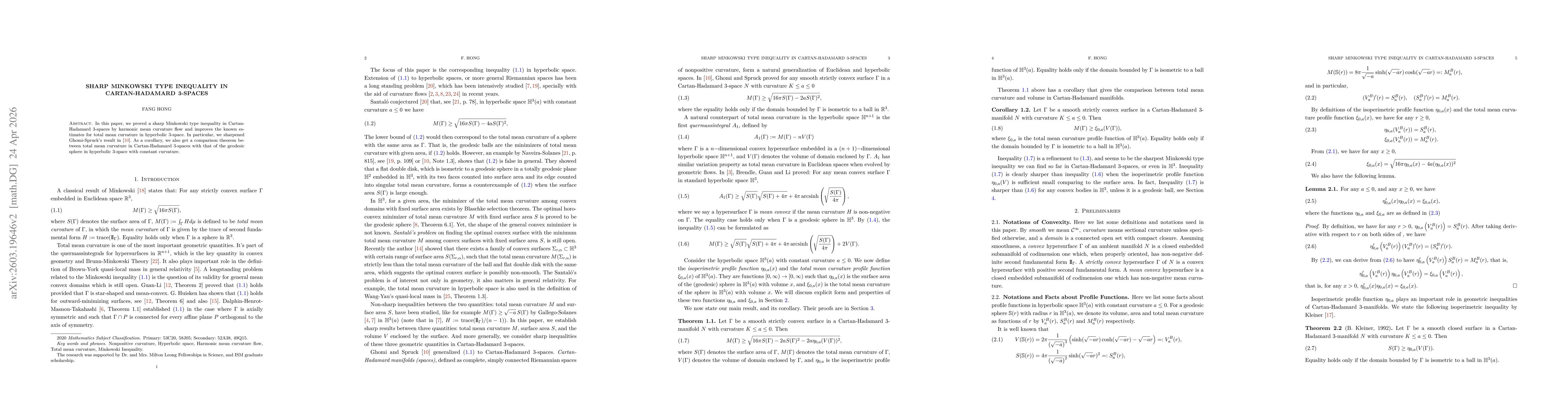 Thumbnail for Sharp Minkowski Type Inequality in Cartan-Hadamard 3-Spaces