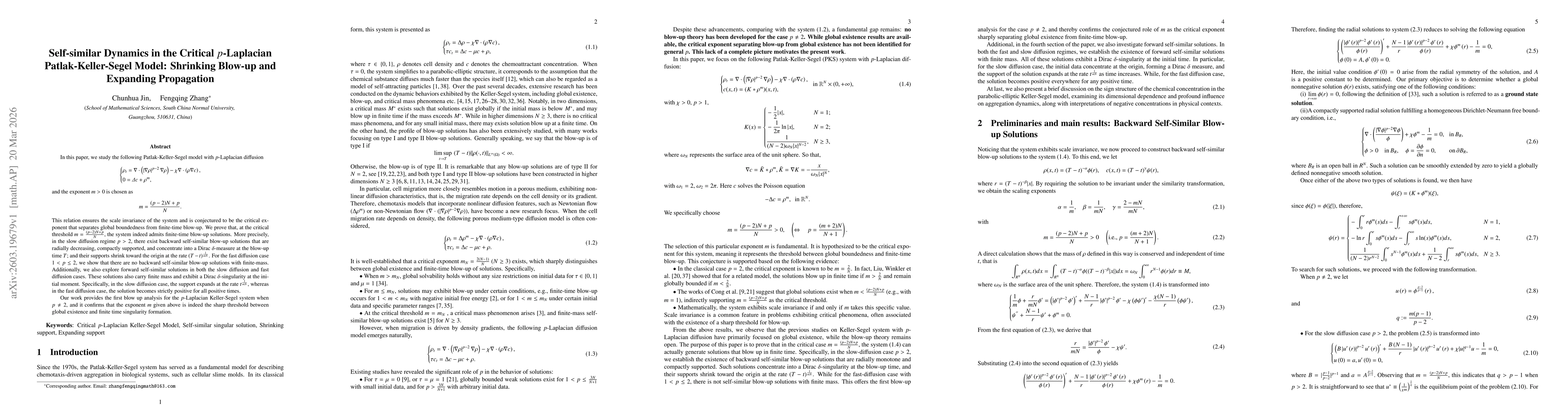 Thumbnail for Self-similar Dynamics in the Critical $p$-Laplacian Patlak-Keller-Segel Model: Shrinking Blow-up and Expanding Propagation