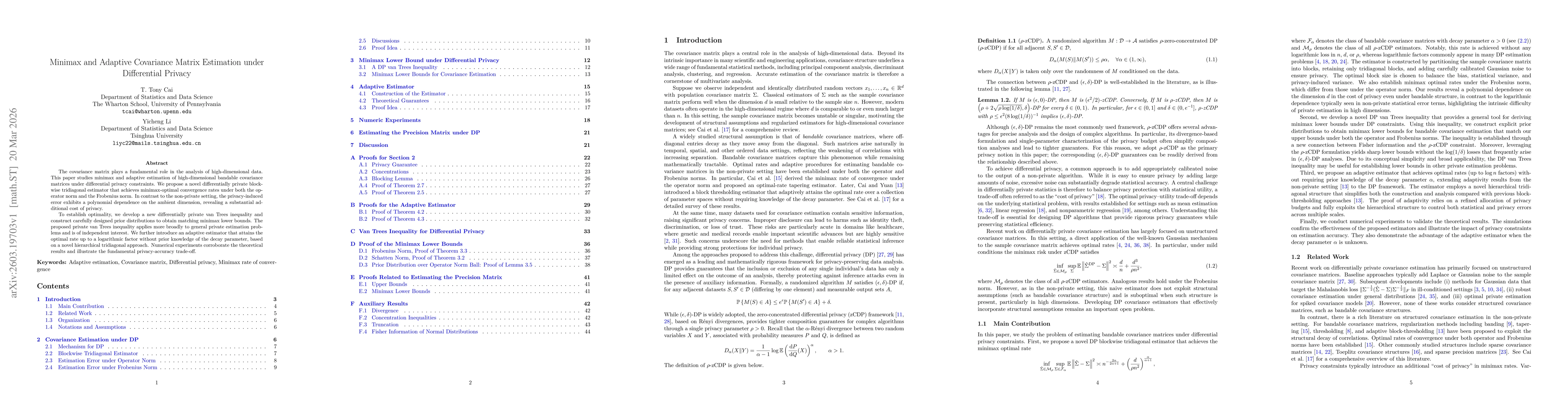 Thumbnail for Minimax and Adaptive Covariance Matrix Estimation under Differential Privacy