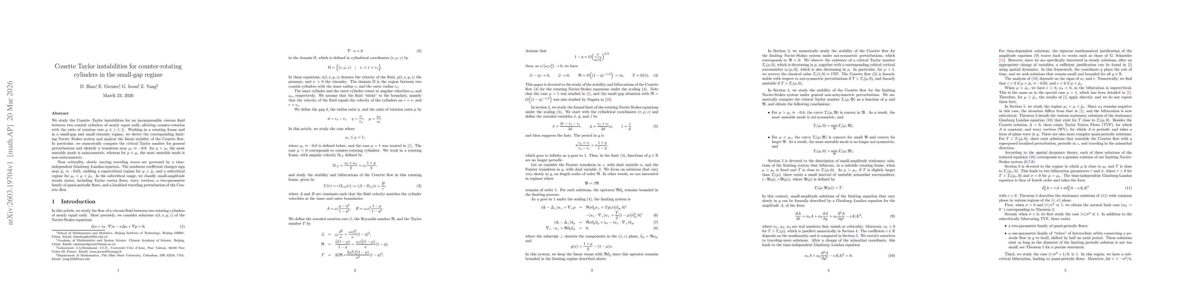 Thumbnail for Couette Taylor instabilities for counter-rotating cylinders in the small-gap regime
