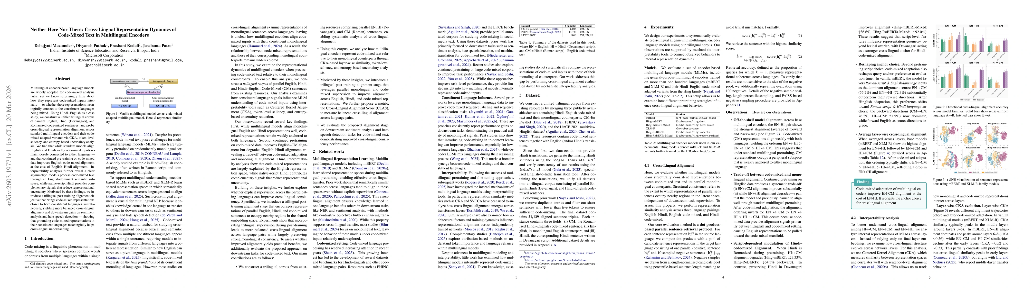Thumbnail for Neither Here Nor There: Cross-Lingual Representation Dynamics of Code-Mixed Text in Multilingual Encoders