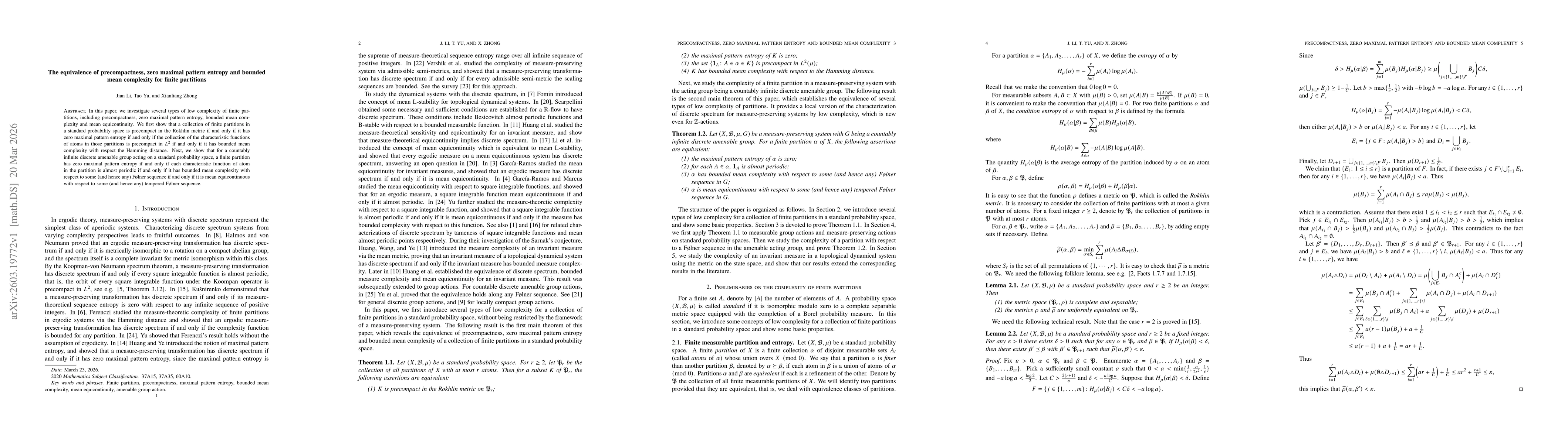 Thumbnail for The equivalence of precompactness, zero maximal pattern entropy and bounded mean complexity for finite partitions