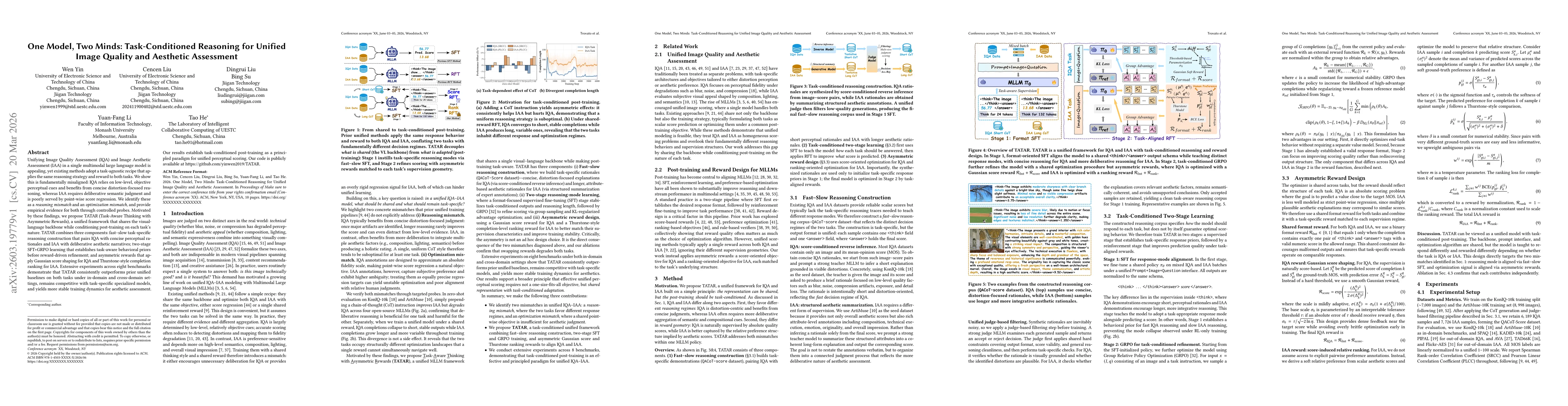 Thumbnail for One Model, Two Minds: Task-Conditioned Reasoning for Unified Image Quality and Aesthetic Assessment