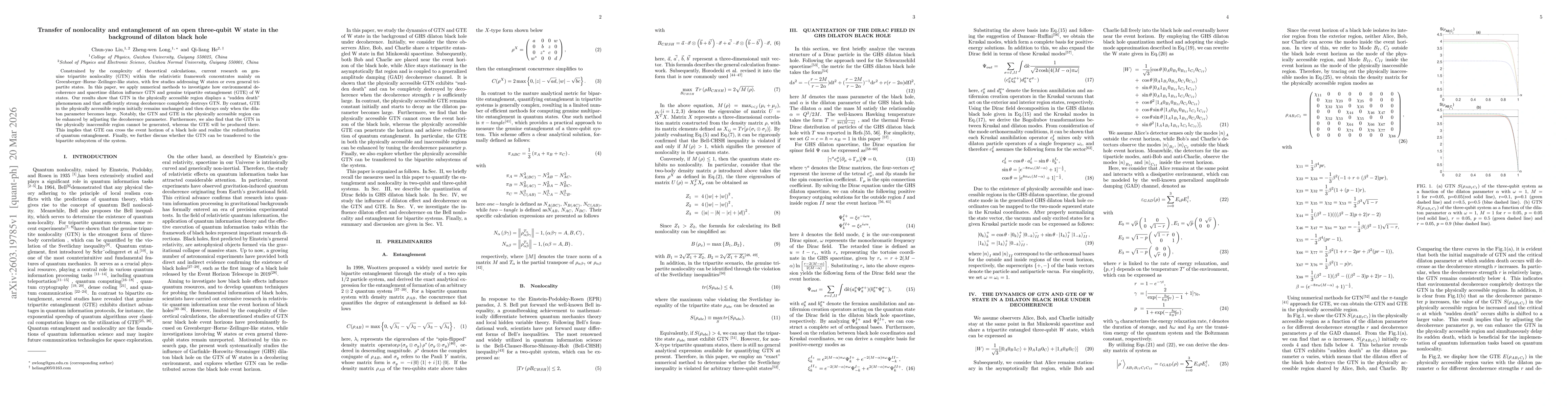 Thumbnail for Transfer of nonlocality and entanglement of an open three-qubit W state in the background of dilaton black hole