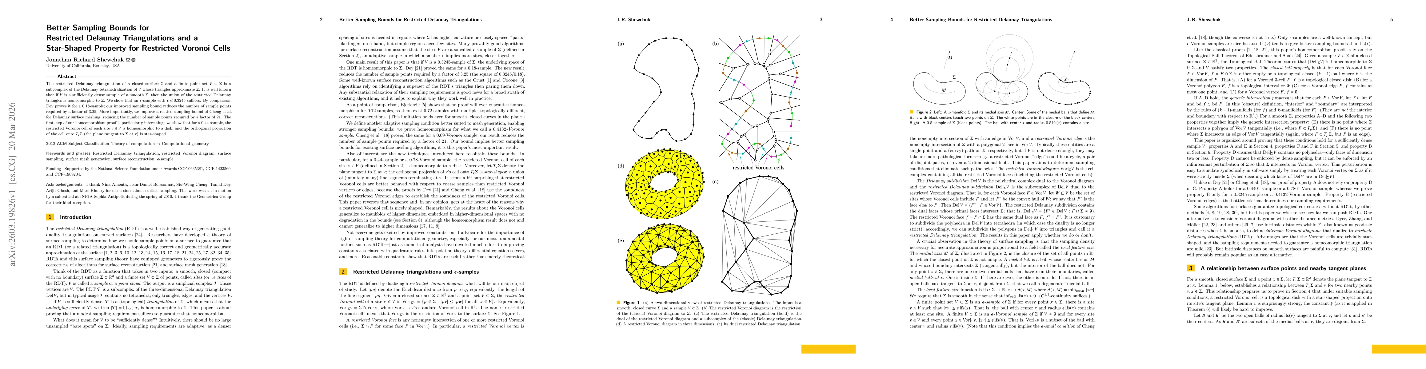 Thumbnail for Better Sampling Bounds for Restricted Delaunay Triangulations and a Star-Shaped Property for Restricted Voronoi Cells