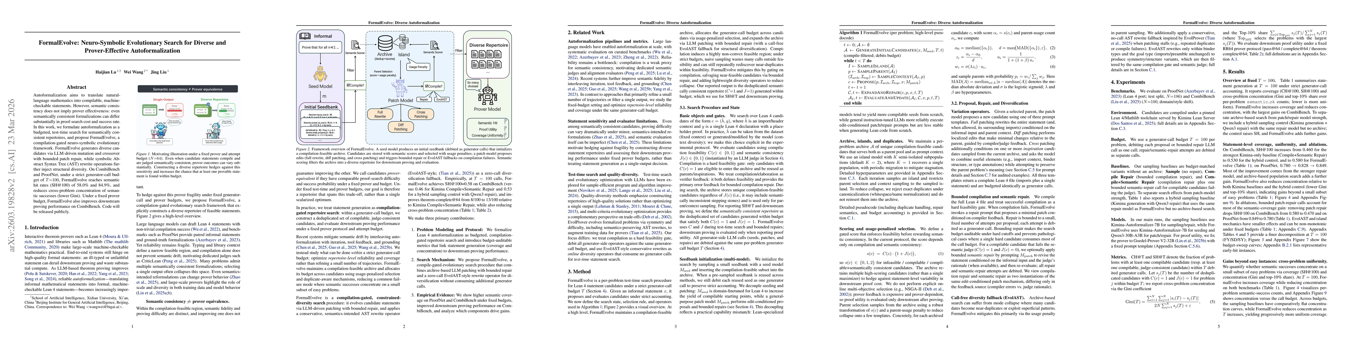 Thumbnail for FormalEvolve: Neuro-Symbolic Evolutionary Search for Diverse and Prover-Effective Autoformalization