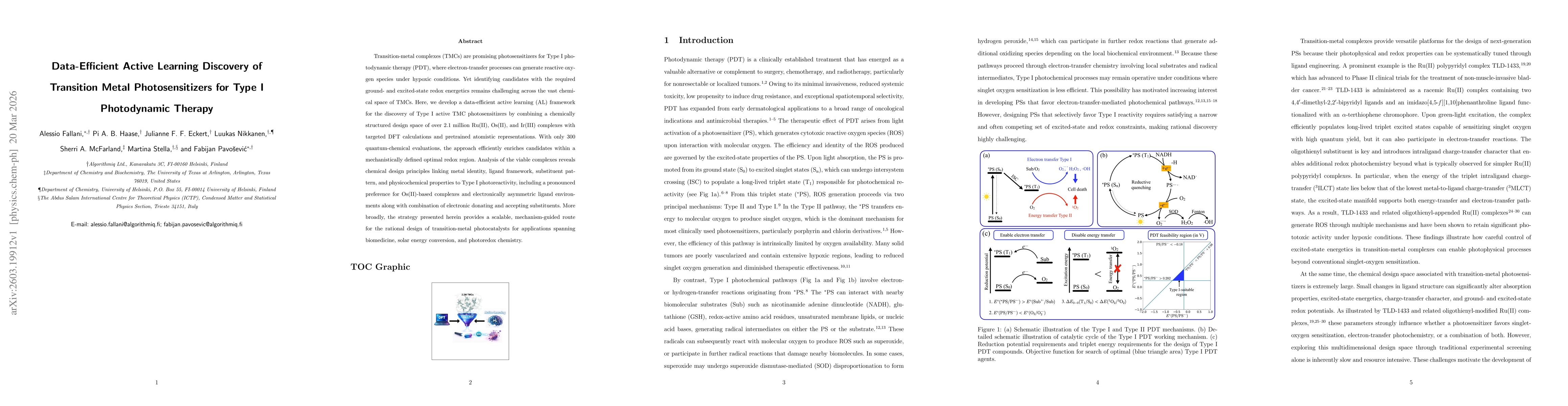 Thumbnail for Data-Efficient Active Learning Discovery of Transition Metal Photosensitizers for Type I Photodynamic Therapy