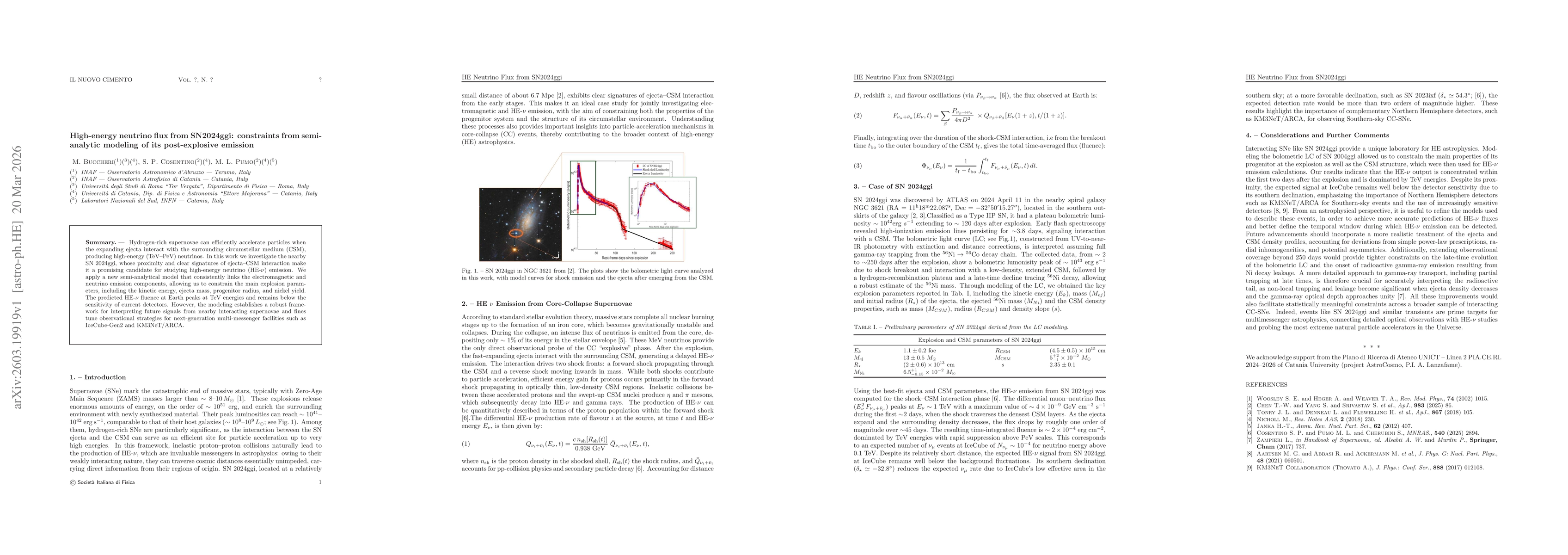 Thumbnail for High-energy neutrino flux from SN2024ggi: constraints from semi-analytic modeling of its post-explosive emission