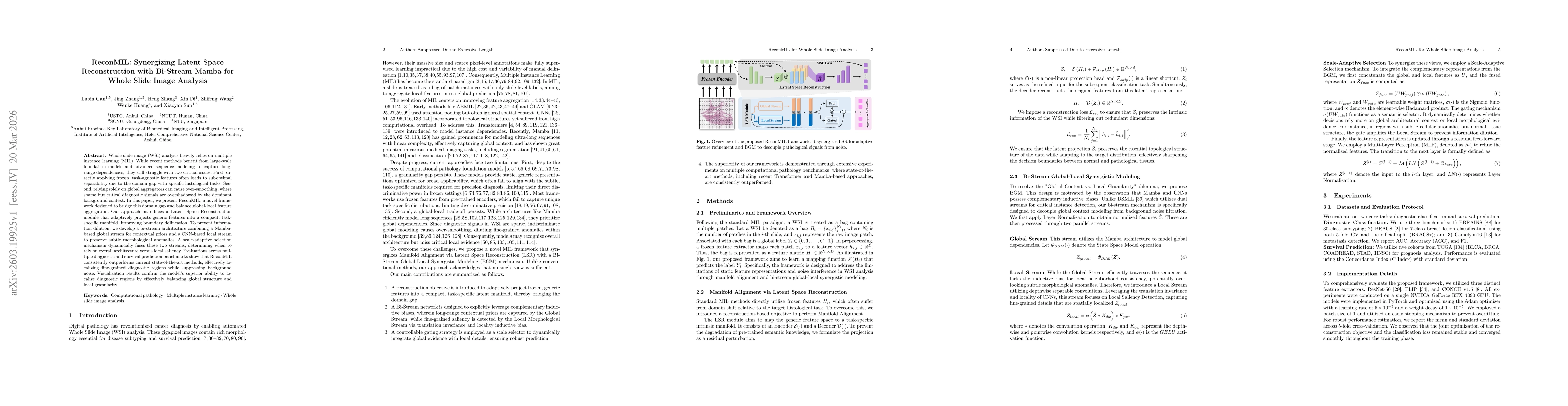 Thumbnail for ReconMIL: Synergizing Latent Space Reconstruction with Bi-Stream Mamba for Whole Slide Image Analysis