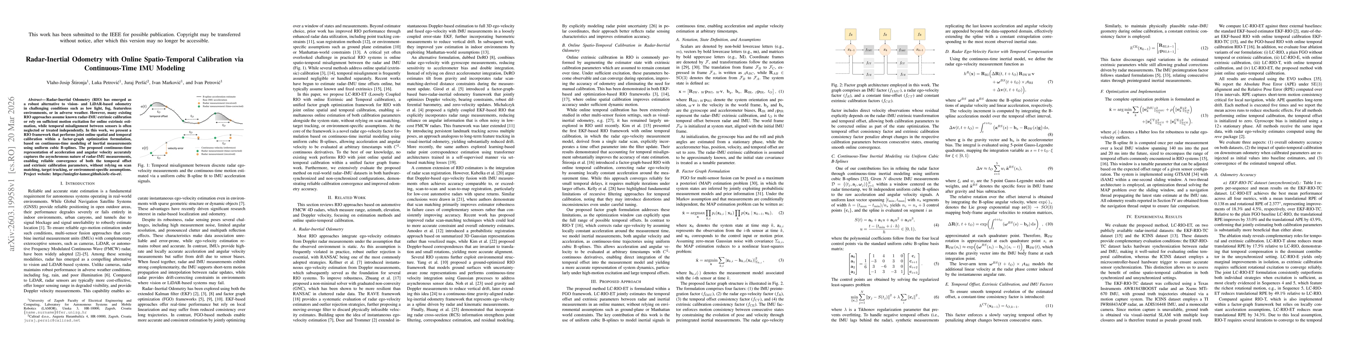 Thumbnail for Radar-Inertial Odometry with Online Spatio-Temporal Calibration via Continuous-Time IMU Modeling