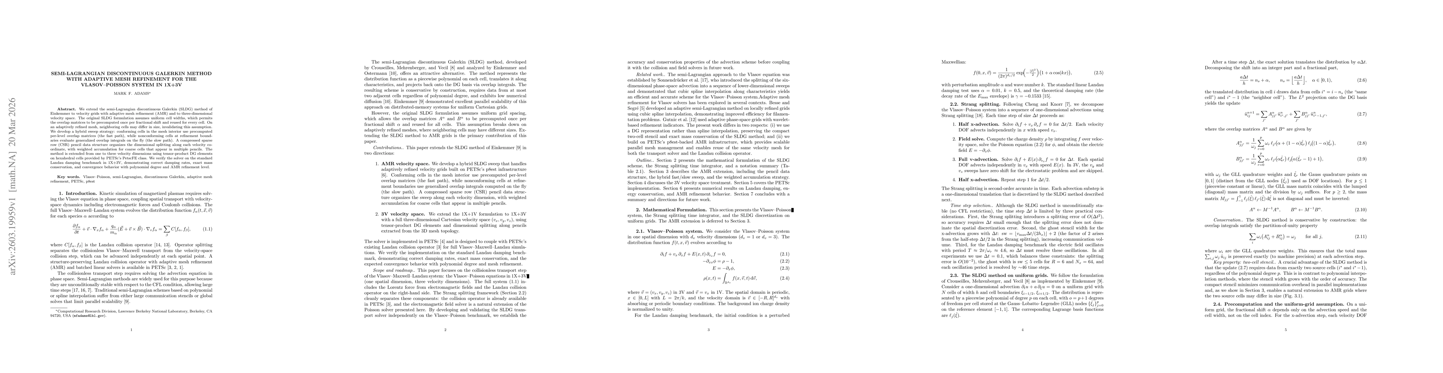 Thumbnail for Semi-Lagrangian Discontinuous Galerkin Method with Adaptive Mesh Refinement for the Vlasov--Poisson System in 1X+3V