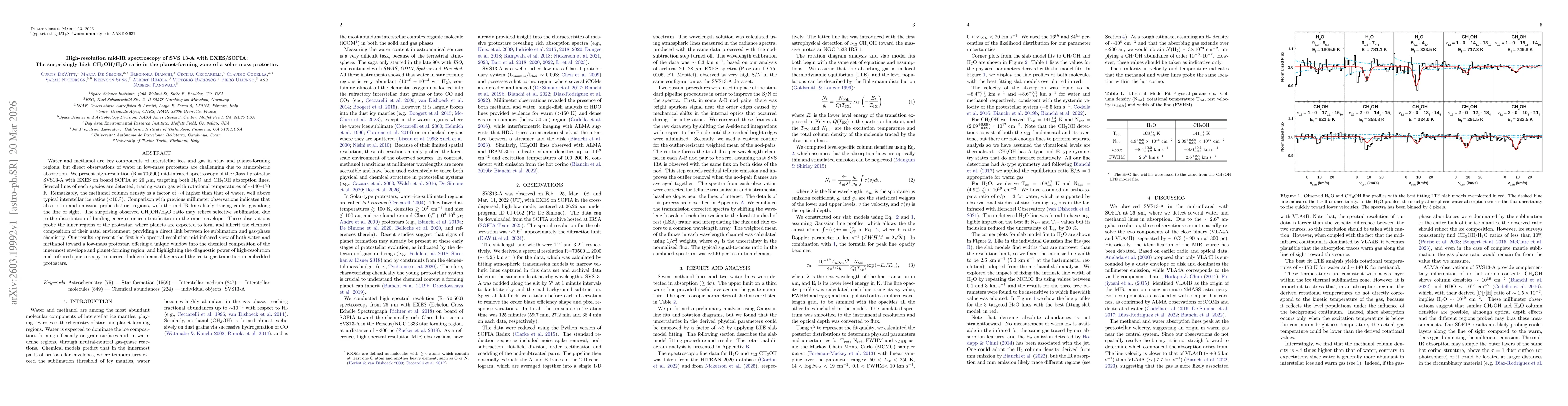 Thumbnail for High-resolution mid-IR spectroscopy of SVS 13-A with EXES/SOFIA: The surprisingly high CH$_3$OH/H$_2$O ratio in the planet-forming zone of a solar mass protostar