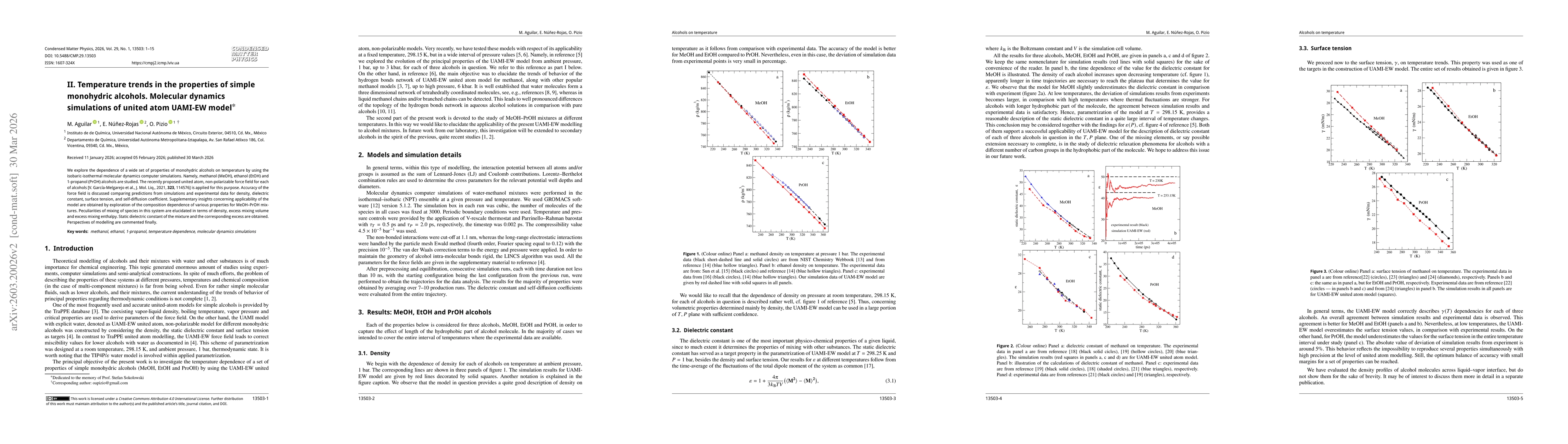 Thumbnail for II. Temperature trends in the properties of simple monohydric alcohols. Molecular dynamics simulations of united atom UAMI-EW model