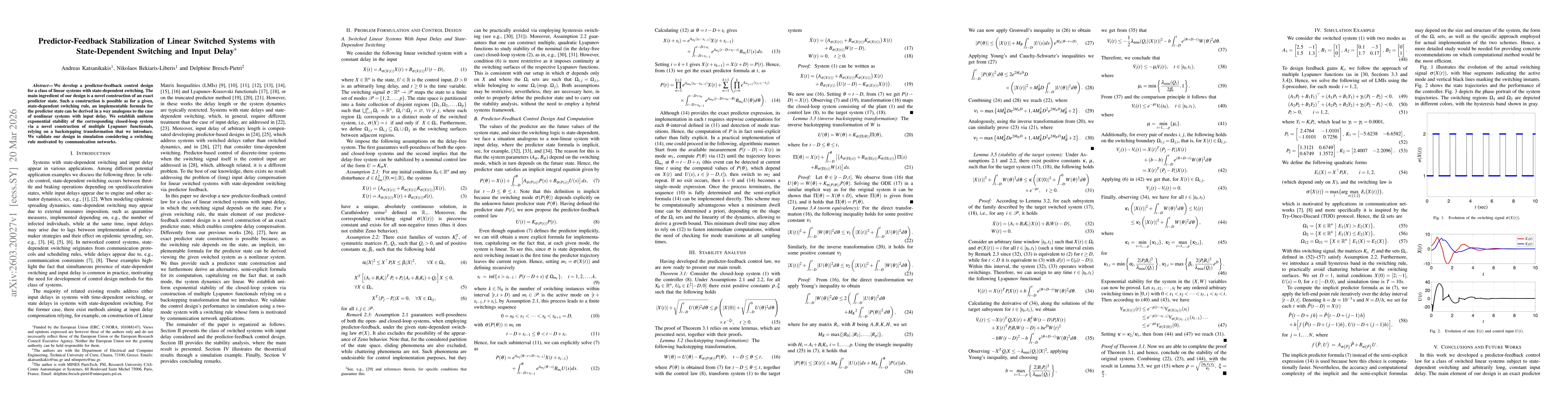 Thumbnail for Predictor-Feedback Stabilization of Linear Switched Systems with State-Dependent Switching and Input Delay