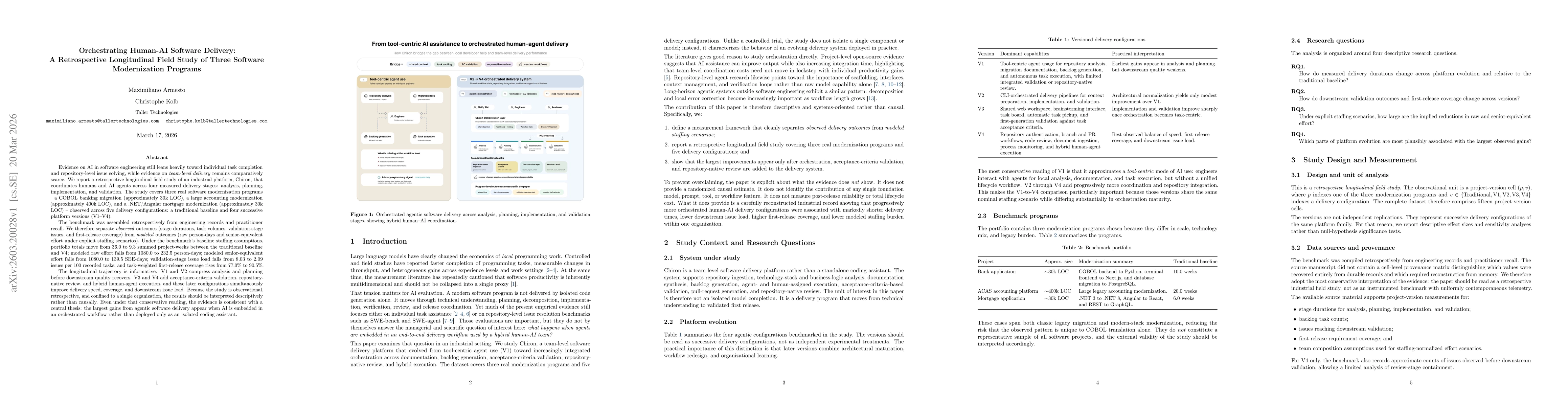 Thumbnail for Orchestrating Human-AI Software Delivery: A Retrospective Longitudinal Field Study of Three Software Modernization Programs