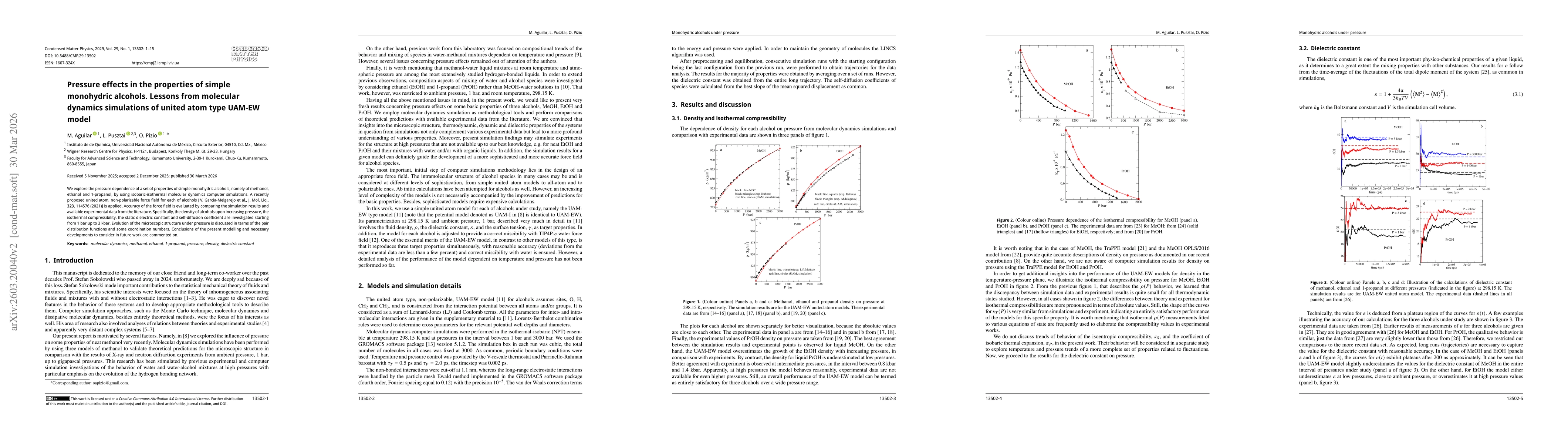 Thumbnail for Pressure effects in the properties of simple monohydric alcohols. Lessons from molecular dynamics simulations of united atom type UAM-EW model