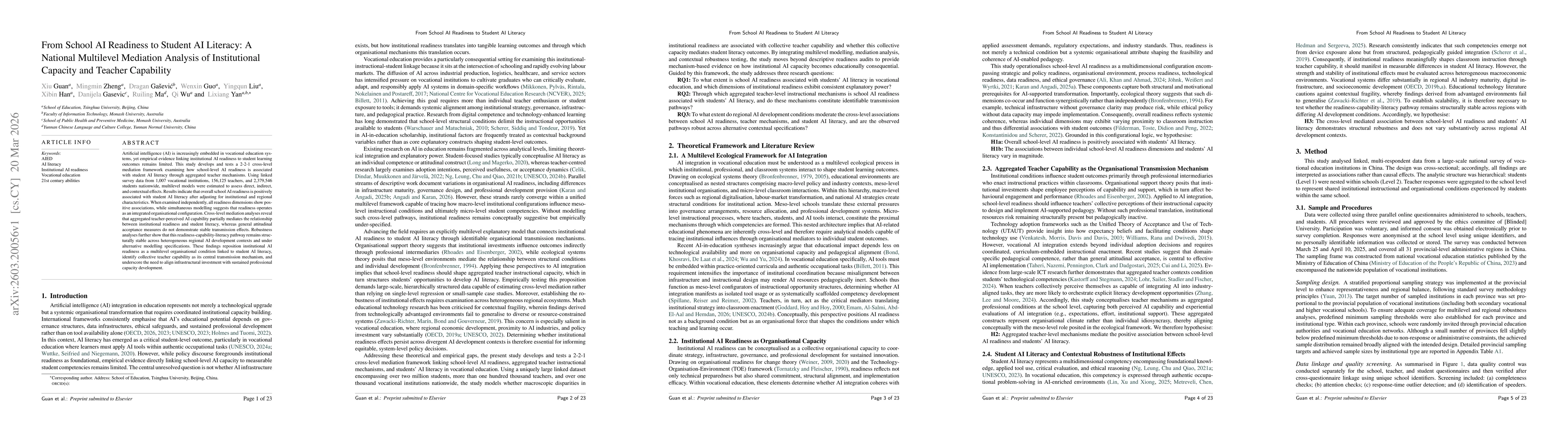 Thumbnail for From School AI Readiness to Student AI Literacy: A National Multilevel Mediation Analysis of Institutional Capacity and Teacher Capability
