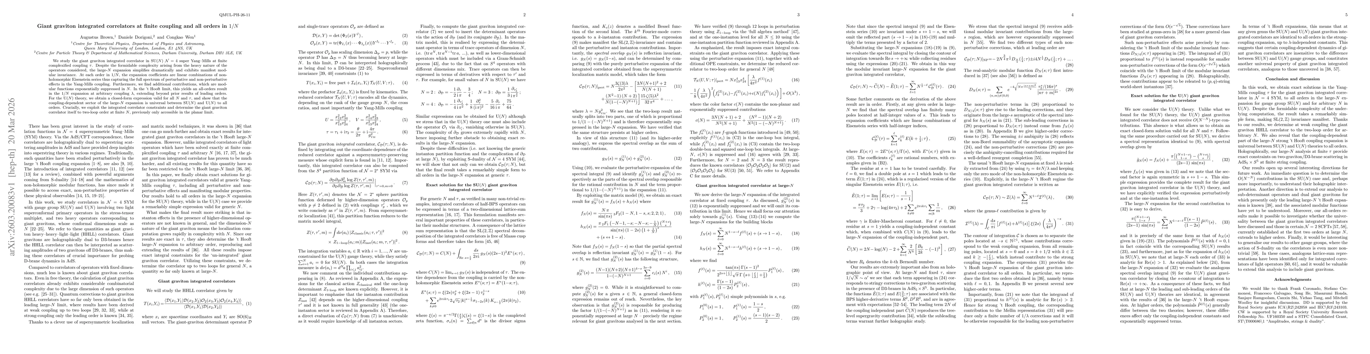 Thumbnail for Giant graviton integrated correlators at finite coupling and all orders in $1/N$