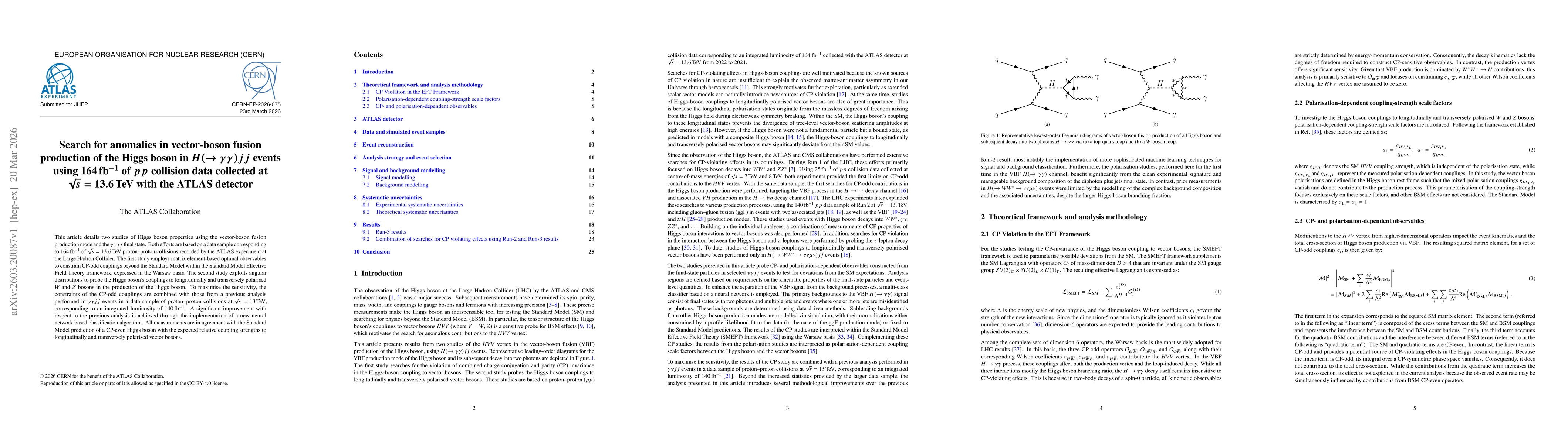 Thumbnail for Search for anomalies in vector-boson fusion production of the Higgs boson in $H(\rightarrow γγ) jj$ events using 164 fb$^{-1}$ of $pp$ collision data collected at $\sqrt{s}=13.6$ TeV with the ATLAS detector