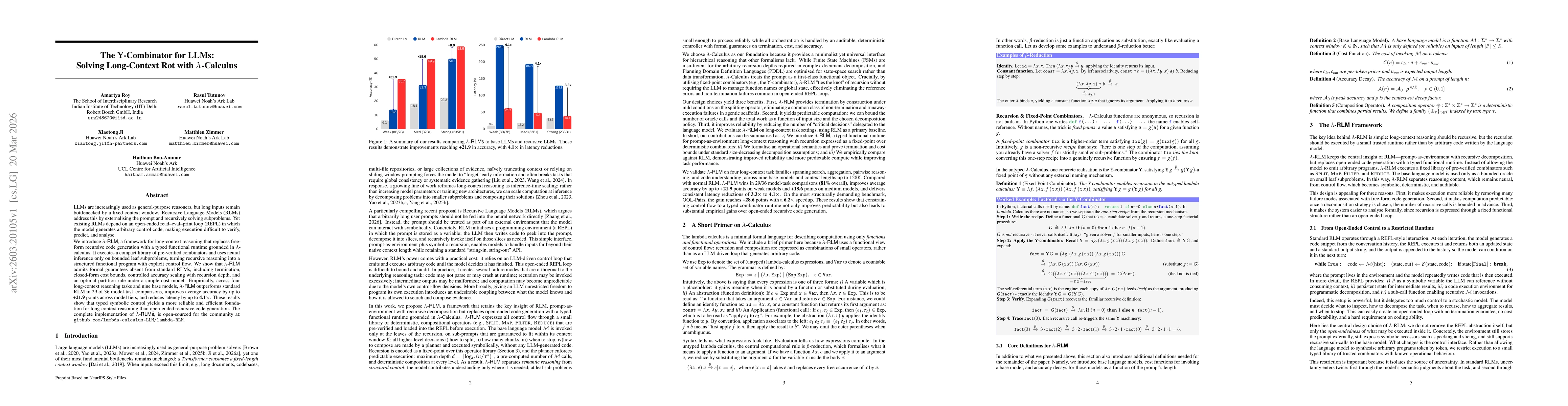 Thumbnail for The $\mathbf{Y}$-Combinator for LLMs: Solving Long-Context Rot with $λ$-Calculus