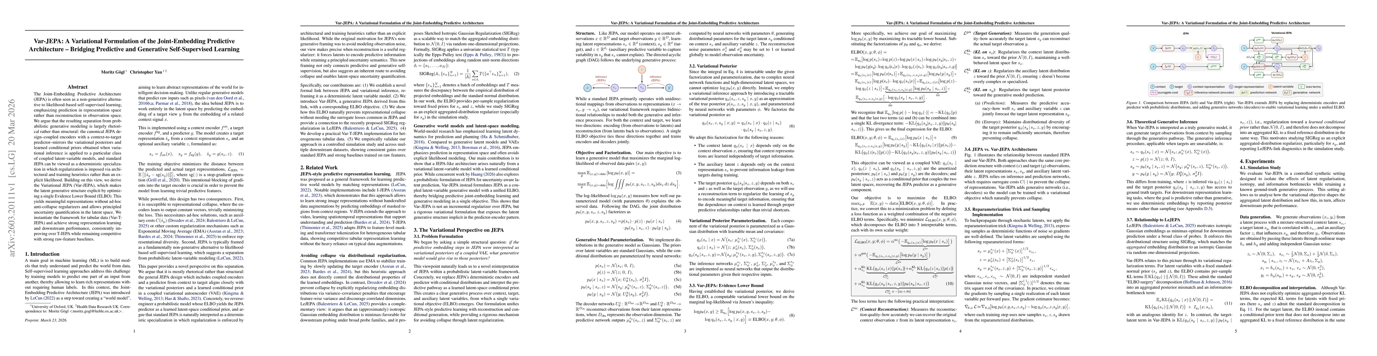 Thumbnail for Var-JEPA: A Variational Formulation of the Joint-Embedding Predictive Architecture -- Bridging Predictive and Generative Self-Supervised Learning