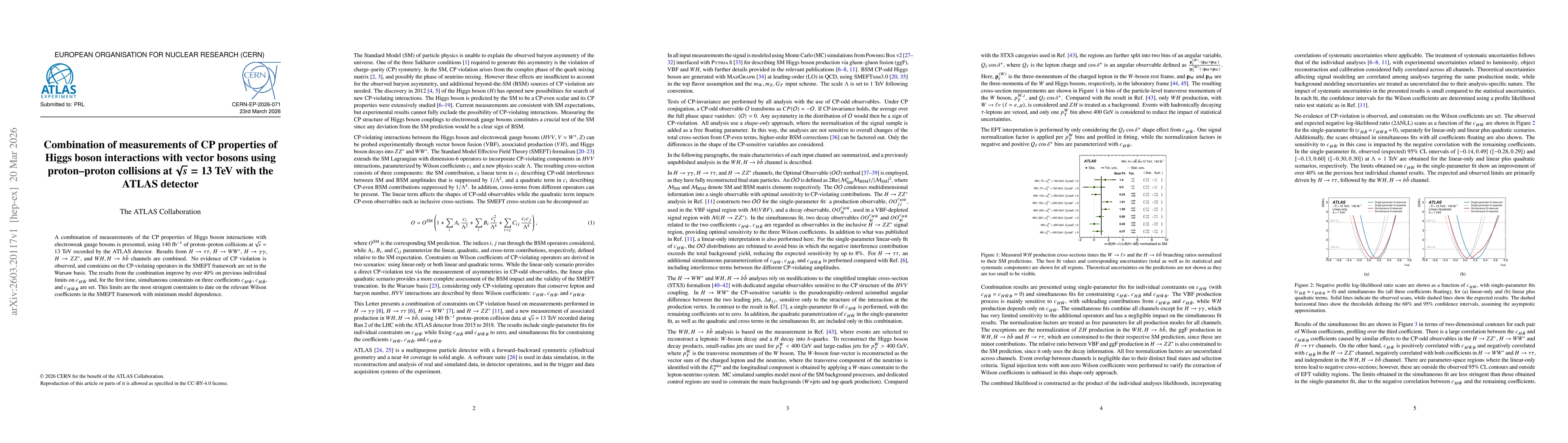 Thumbnail for Combination of measurements of CP properties of Higgs boson interactions with vector bosons using proton-proton collisions at $\sqrt{s} = 13$ TeV with the ATLAS detector