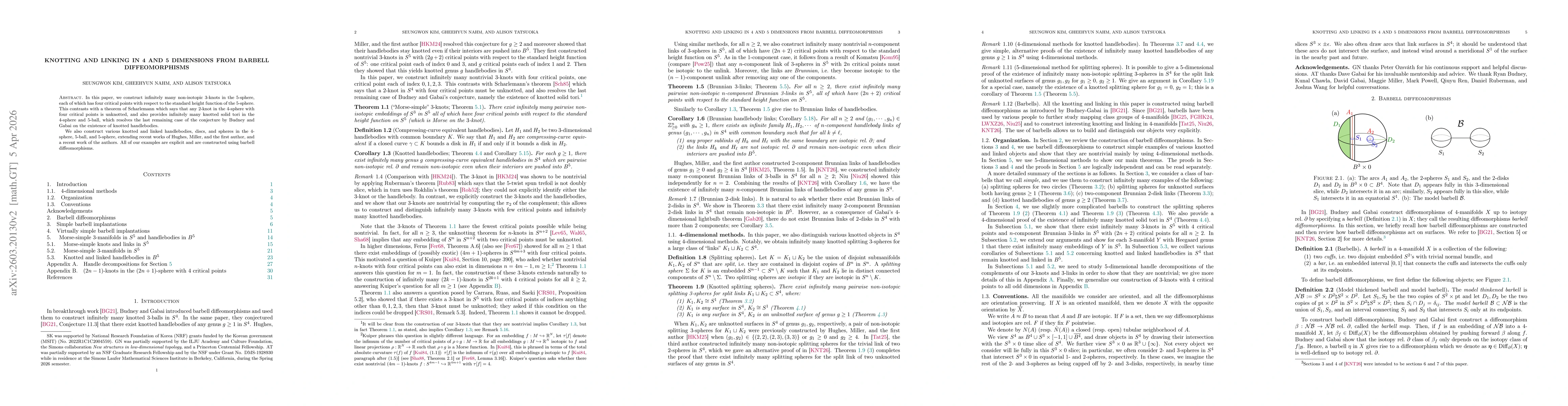 Thumbnail for Knotting and linking in 4 and 5 dimensions from barbell diffeomorphisms